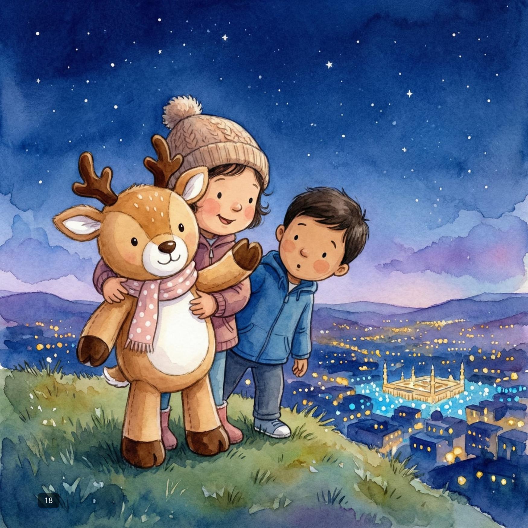 A hilltop view of a glittering mosque at night